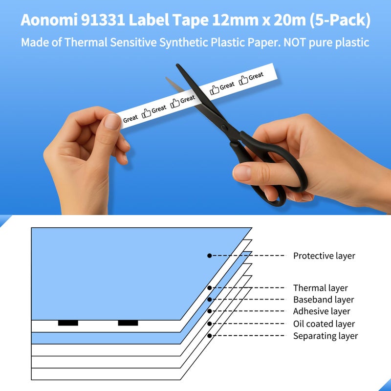 Aonomi 5-Pack Replace for Dymo Letratag Refills White Plastic Label Maker Tape 1/2" x 13' Compatible with Dymo Label Maker Refills White Plastic 12mm x 4m for LT-200B 100H 100T Plus QX50 XR XM 2000 - Image 2